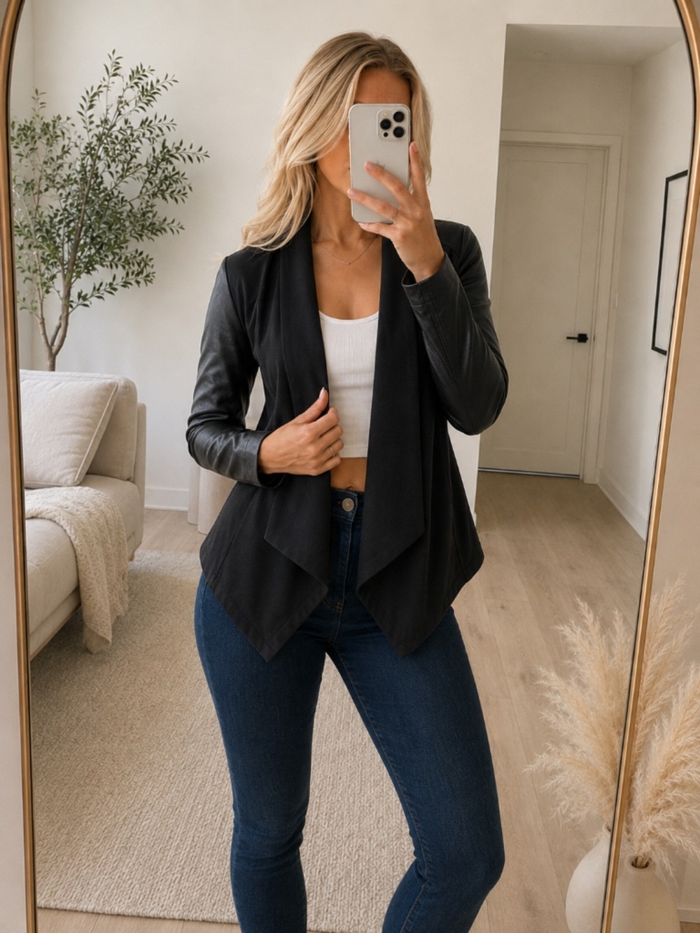 NWT Black Mixed Media Faux Leather Open Jacket Small